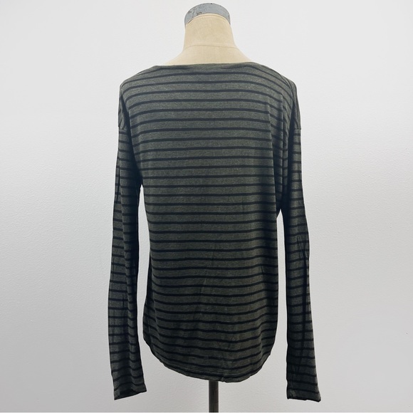 Vince Top T Shirt Black Green Stripes Nateau Neckline Long Sleeves Pocke… - Picture 2 of 4